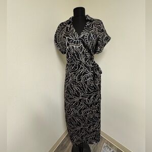 Mango Floral Wrap Midi Dress in Black and Cream, NWT, Size XS